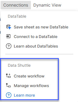 Вид меню Data Shuttle в развёрнутом меню 