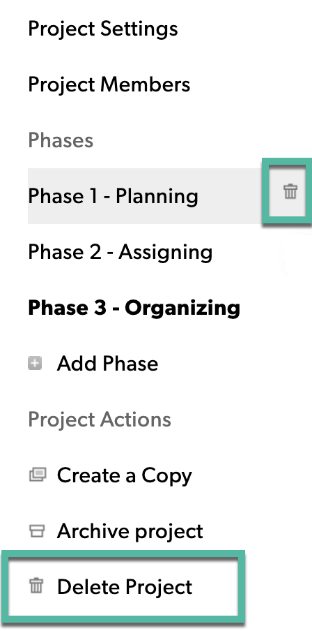 Menu latéral gauche dans les paramètres du projet de RM où les utilisateurs peuvent supprimer le projet ou les phases. 