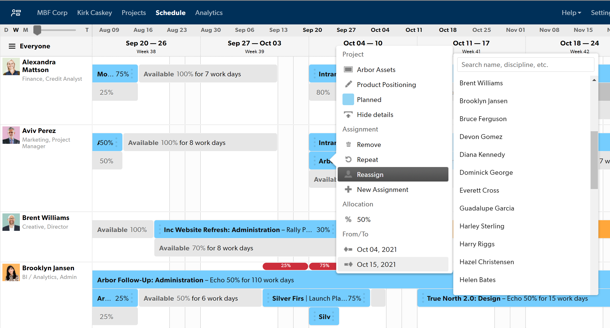 Image showing an assignment selected. Focus on the reassign menu with the resulting options displayed.