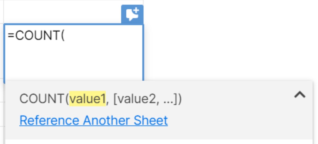 Карточка со справкой по формуле, открытая поверх ячейки с формулой =COUNT(, демонстрируется в качестве примера.