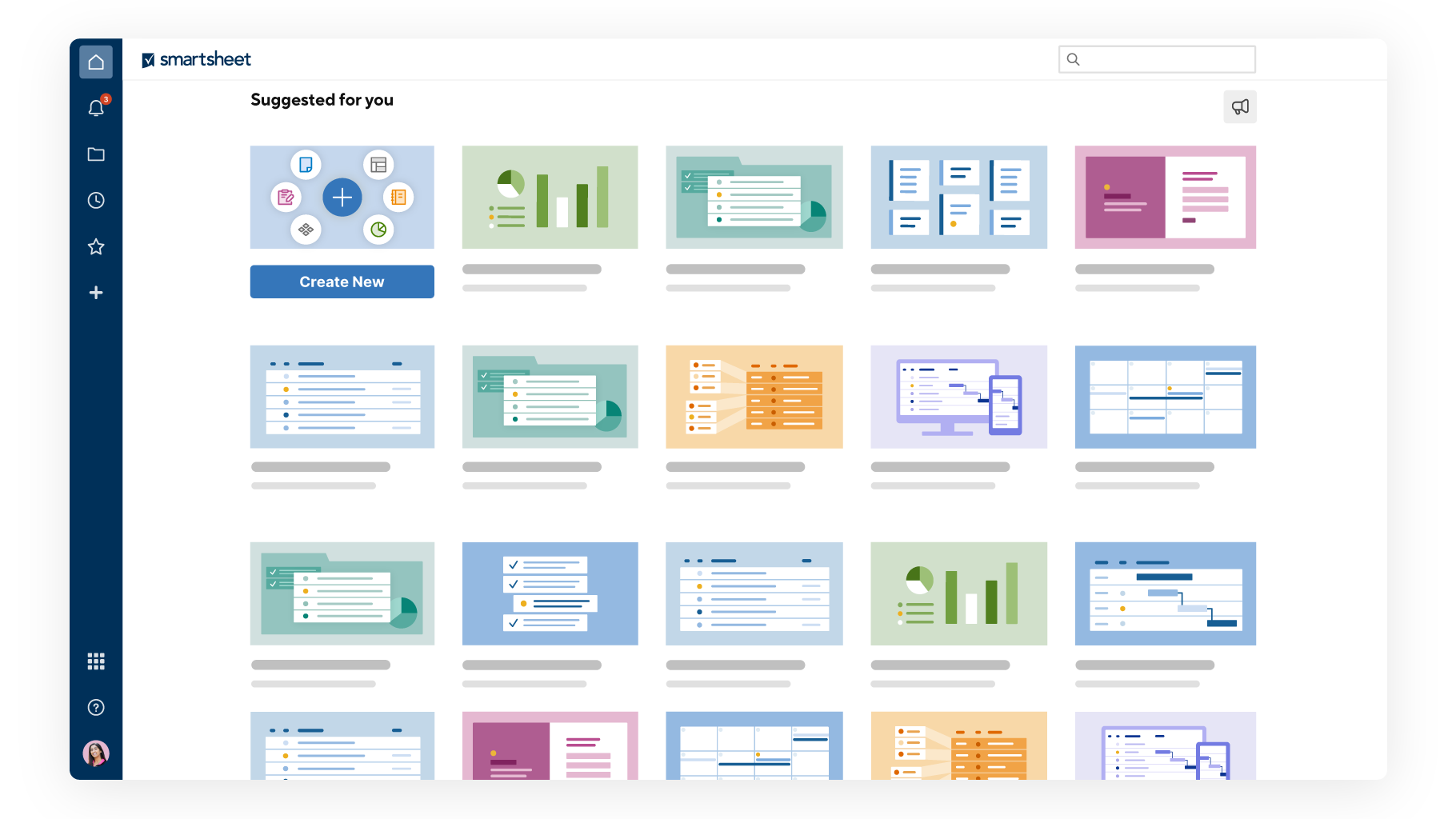 La schermata iniziale di Smartsheet con varie icone per i fogli aperti di recente e il pannello di navigazione a sinistra.