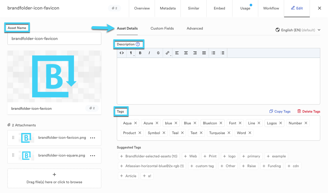 This image hightlights the asset name, tags, and description fields in the edit tab of the asset modal.