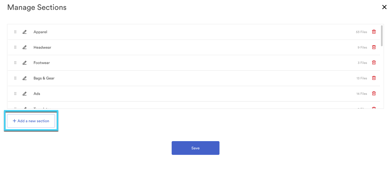 This image shows the manage sections panel.