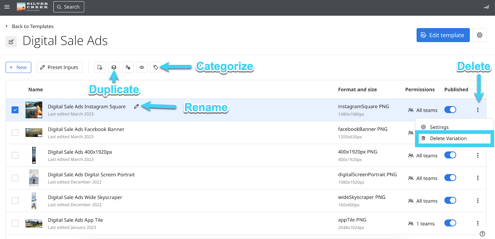 This images shows the template variations editor. 