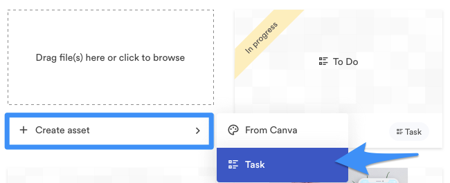 Create asset highlighted with a dropdown extended that has task selected.