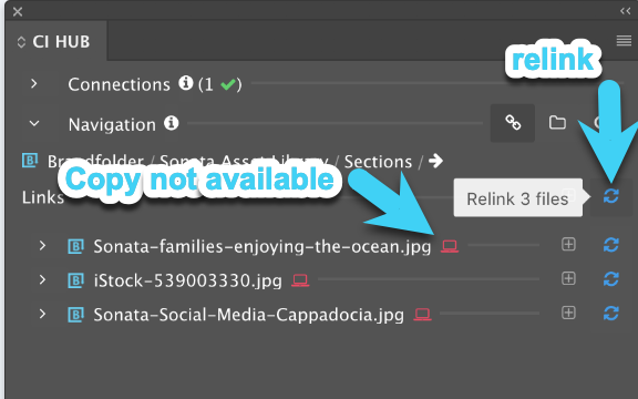 CI Hub integration highlighting copy not available red computer icon and blue relink icon. 